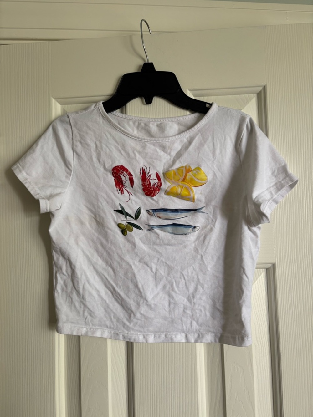 White Graphic Tee with Seafood Print